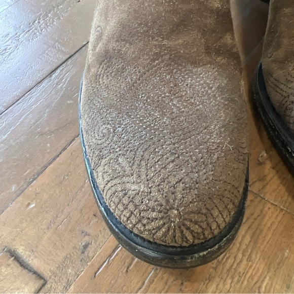 Prada Vintage Chestnut Tall Riding Boots Eu 38 US 7.5 Suede Embossed Block Heel - Picture 2 of 14